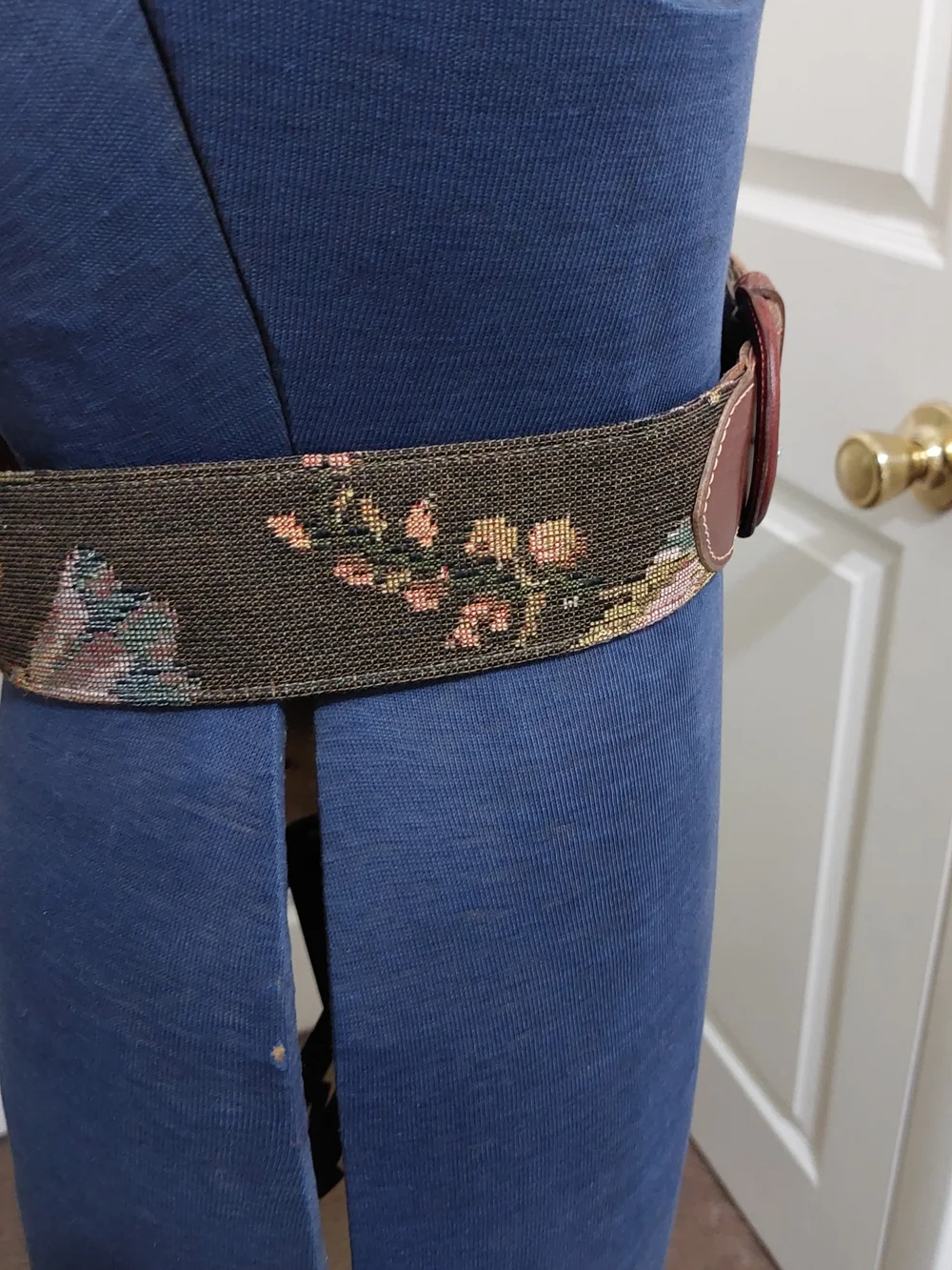 Ralph Lauren Brown Leather Buckle Belt with Multicolor Woven Tapestry Panel